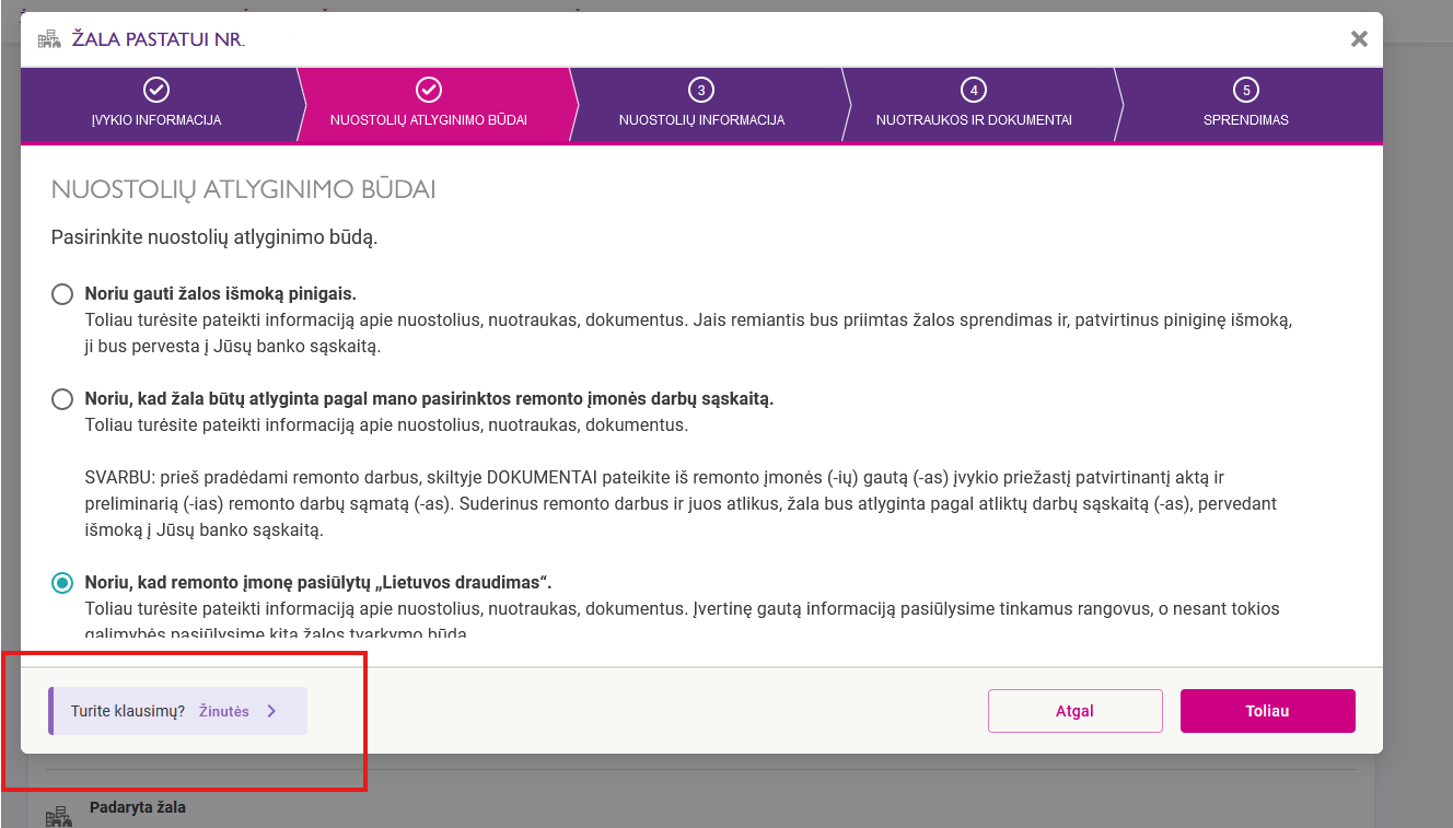 Paveikslėlis atvaizduoja langą, kuriame apibraukta nuoroda, jeigu reikia susisiekti su specialistu. Nuorodos pavadinimas - turite klausimų? Žinutės