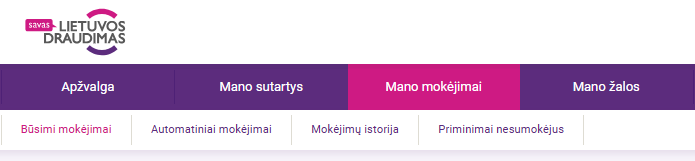 Viršutinė pagrindinio lango juosta, kurioje pasirinktas ,,Mano mokėjimai".