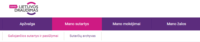 Pagrindinio lango viršutinė juosta, kurioje pasirinkta ,,Mano sutartys".