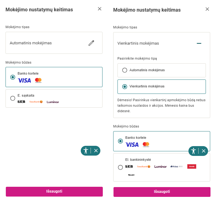 Langas, kuriame pateikti automatinio (Mokėjimo kortelė arba E. sąskaita) arba vienkartinio (Mokėjimo kortelė arba El. bankininkystė) mokėjimo būdai.