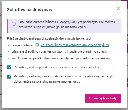 Langas, kuriame prašoma patvirtinti sutikimą su sąlygomis ir informacijos susipažinimu pažymint varneles.