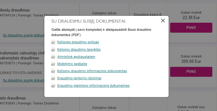 Išvardinti su draudimu susiję dokumentai, kuriuos paspaudus dokumentas atsiunčiamas į kompiuterį.