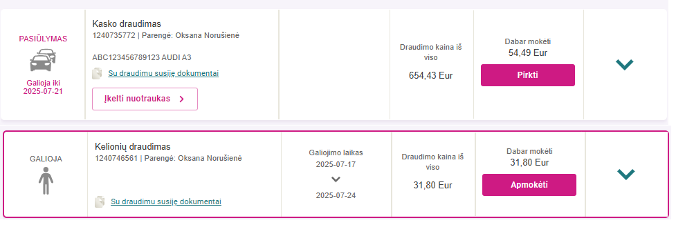 Matomi dviejų draudimų pasiūlymai su galimybe apmokėti ar pirkti.
