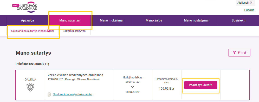 Vaizduojamas verslo draudimo produktas, kurį galima pasirašyti paspaudus dešinėje esantį mygtuką.