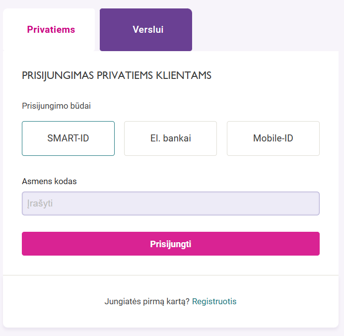 Prisijungimo langas privatiems klientams, kuriame galima prisijungti su Smart-ID, El. banku ar Mobile-ID.