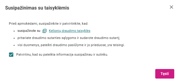 Atvertas langas, kuriame prašoma susipažinti su taisyklėmis ir patvirtinti, prieš apmokant.