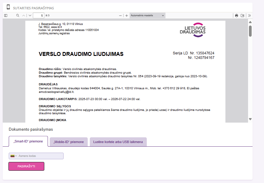 Langas, kuriame pavaizduotas verslo draudimo liudijimas ir prašoma pasirašyti sutartį su Smart-ID, Mobile-ID arba lustine kortele arba USB laikmena