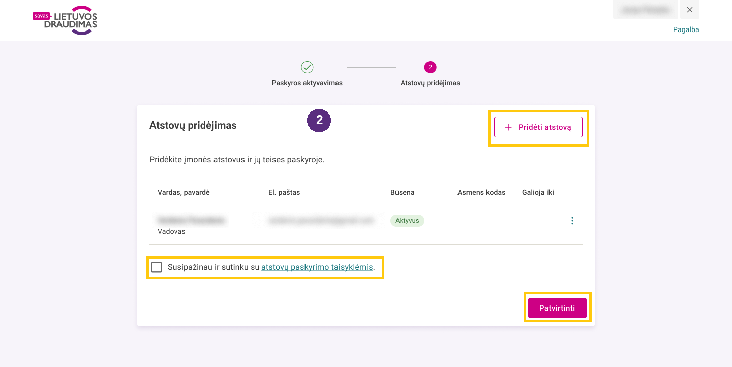 Antrasis žingsnis, kuriame pridedamas atstovas.