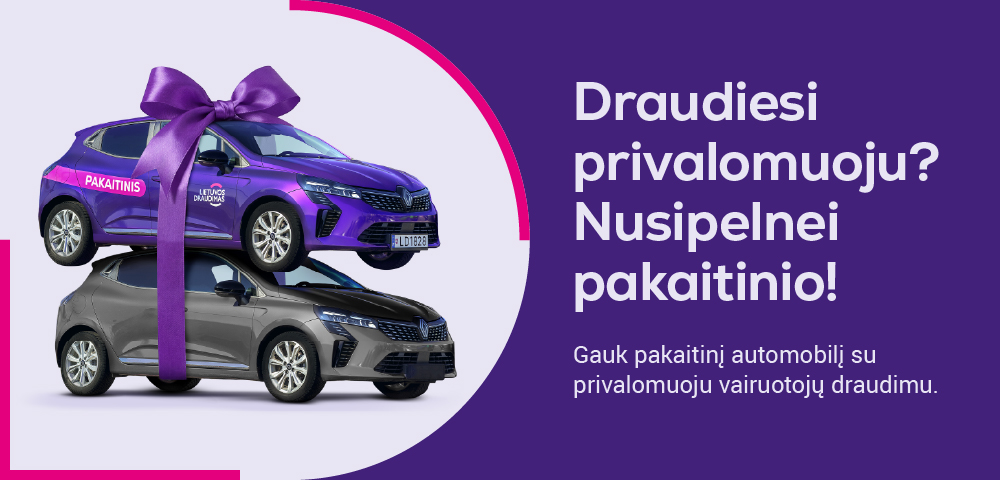 Violetinis automobilis, papuoštas dideliu kaspinu kaip dovana, stovi ant atspindinčio paviršiaus purpuriniame fone.