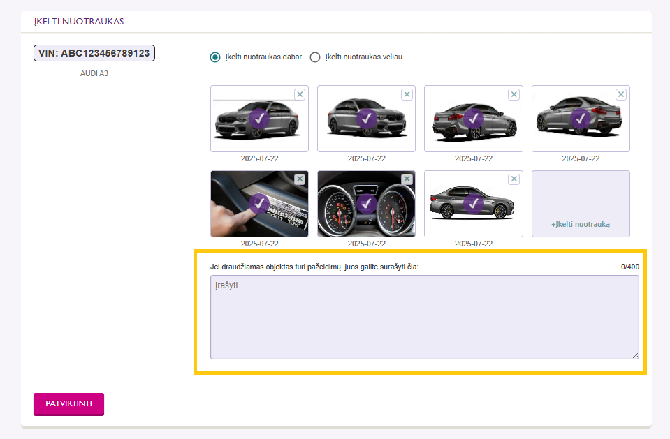 Vaizduojamos sukeltos automobilio nuotraukos pagal reikalavimus.
