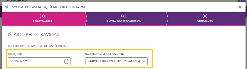 Skiltis, kurioje reikia pažymėti išlaidų datą ir sveikatos draudimo kortelės nr.