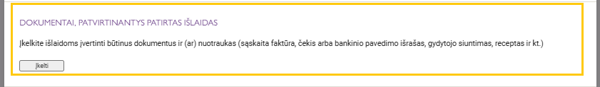 Skiltis, kurioje reikia įkelti išlaidas patvirtinančius dokumentus.