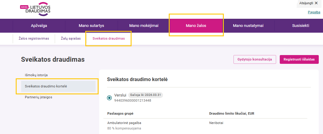 Langas, kuriame pasirinktus sveikatos draudimo kortelė, matomi limitų likučiai