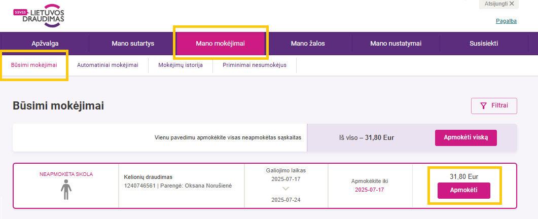 Langas, kuriame išdėstyti turimi draudimo produktai, o paspaudus ,,Apmokėti" galima atsiskaityti už paslaugas.