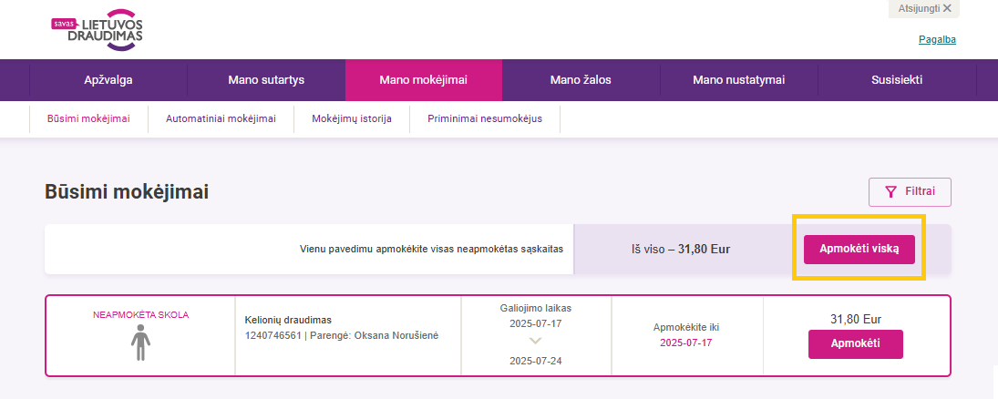 Apmokėjimo langas, kuriame virš turimų draudimo produktų matomas mygtukas ,,Apmokėti viską".