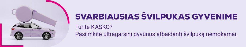Reklaminė juosta apie nemokamą ultragarsinį gyvūnus atbaidantį švilpuką KASKO draudimo klientams.