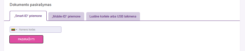Laukelis, kuriame galima pasirašyti dokumentus su Smart-ID, Mobile-ID arba Lustine kortele ar USB laikmena