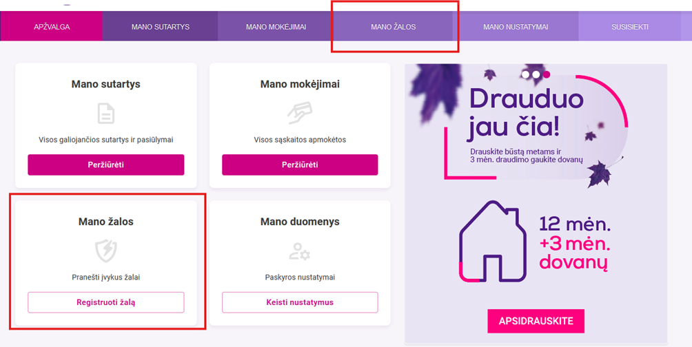 Savitarnos langas, pažymėta „Mano žalos“ skiltis, kurioje galima registruoti žalą.