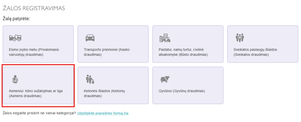 Žalos registravimo langas. Pažymėta žalos rūšis: kūno sužalojimas ar liga (Asmens draudimas).