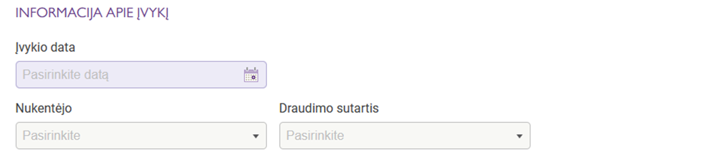 Forma įvykio informacijai suvesti: pasirinkite įvykio datą, nukentėjusį asmenį ir draudimo sutartį.