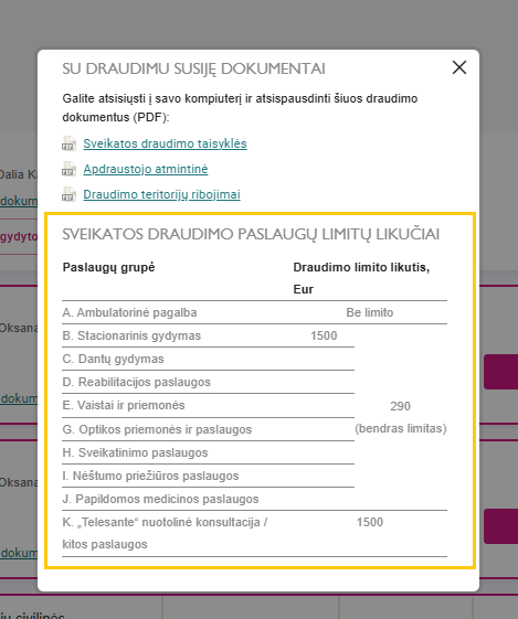 Langas, kuris po draudimo dokumentais, vaizduoja sveikatos draudimo paslaugų limito likučius.