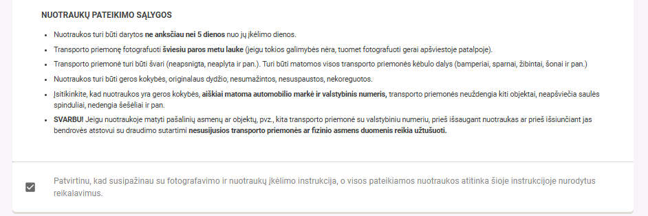 Nuotraukų pateikimo sąlygos, su kuriomis prašoma susipažinti ir tai patvirtinti varnele.