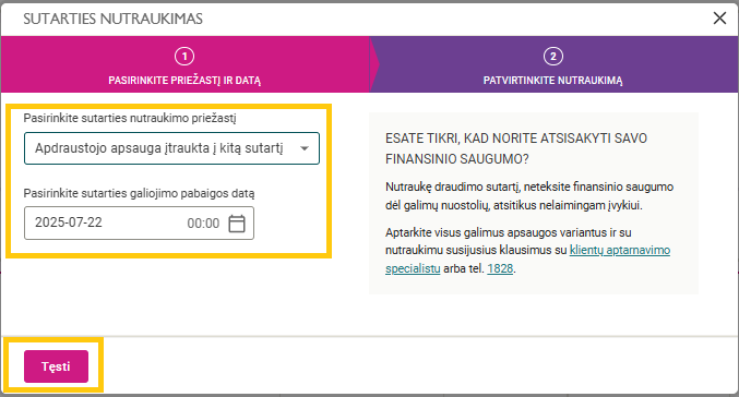 Langas, kuriame reikia nurodyti sutarties nutraukimo priežastį bei sutarties galiojimo pabaigos datą.