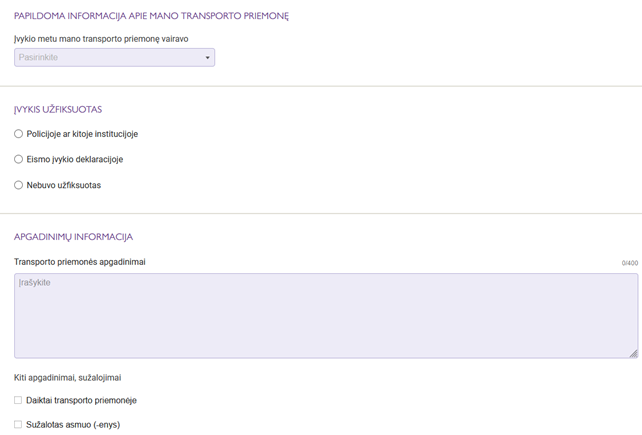 papildoma informacija apie mano transporto priemonę