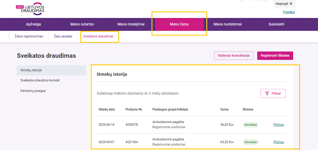 Skiltis, kurioje matomos visos buvusios išmokos.