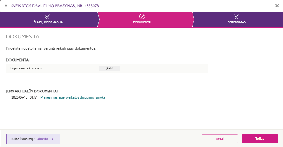 Skiltis, kurioje reikia įkelti nuostoliams įvertinti reikalingus dokumentus.