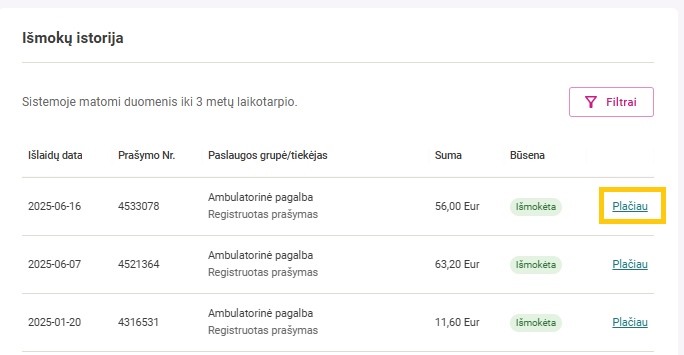 Skiltis, kur prie kiekvienos išmokos pavaizduotas mygtukas ,,Plačiau"